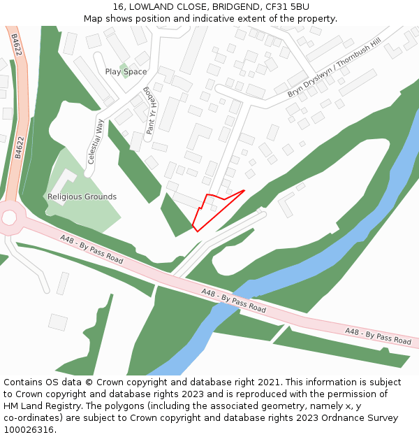 16, LOWLAND CLOSE, BRIDGEND, CF31 5BU: Location map and indicative extent of plot