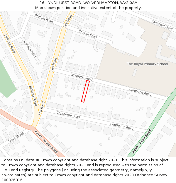 16, LYNDHURST ROAD, WOLVERHAMPTON, WV3 0AA: Location map and indicative extent of plot