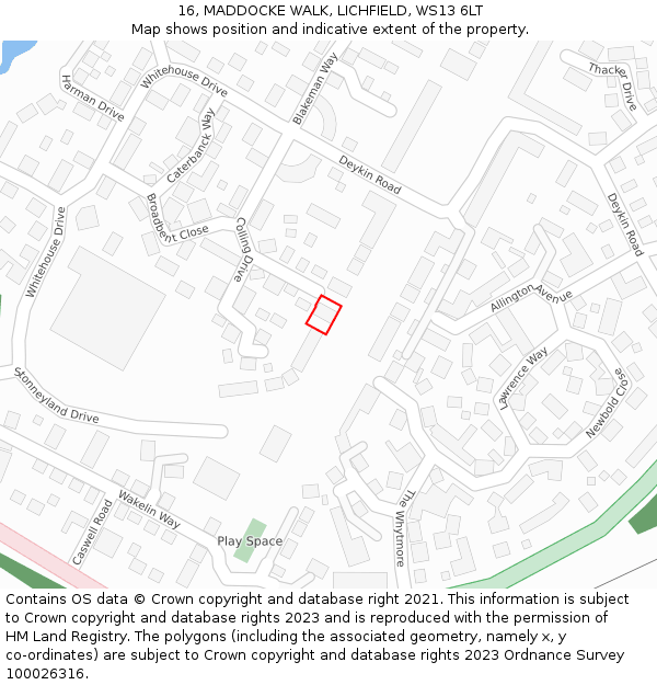16, MADDOCKE WALK, LICHFIELD, WS13 6LT: Location map and indicative extent of plot
