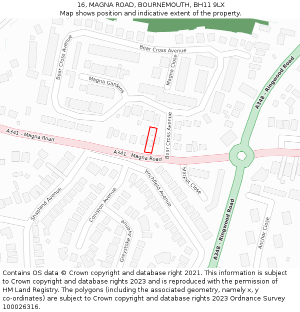 16, MAGNA ROAD, BOURNEMOUTH, BH11 9LX: Location map and indicative extent of plot