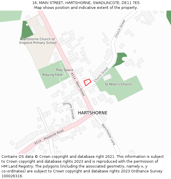 16, MAIN STREET, HARTSHORNE, SWADLINCOTE, DE11 7ES: Location map and indicative extent of plot
