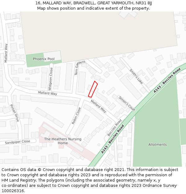 16, MALLARD WAY, BRADWELL, GREAT YARMOUTH, NR31 8JJ: Location map and indicative extent of plot