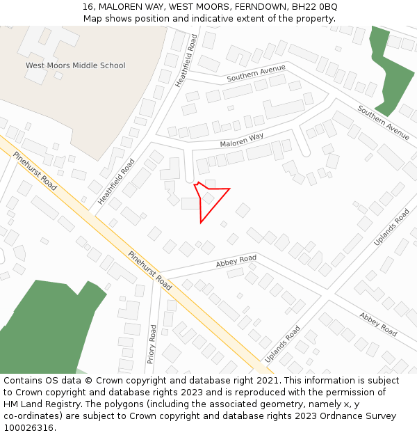 16, MALOREN WAY, WEST MOORS, FERNDOWN, BH22 0BQ: Location map and indicative extent of plot