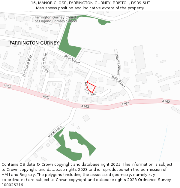 16, MANOR CLOSE, FARRINGTON GURNEY, BRISTOL, BS39 6UT: Location map and indicative extent of plot
