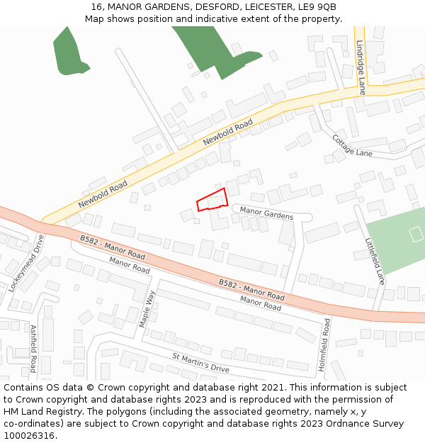 16, MANOR GARDENS, DESFORD, LEICESTER, LE9 9QB: Location map and indicative extent of plot