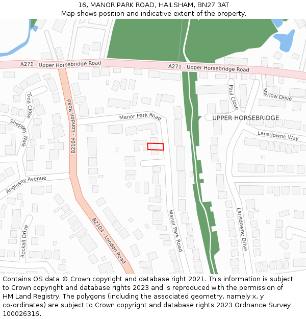 16, MANOR PARK ROAD, HAILSHAM, BN27 3AT: Location map and indicative extent of plot
