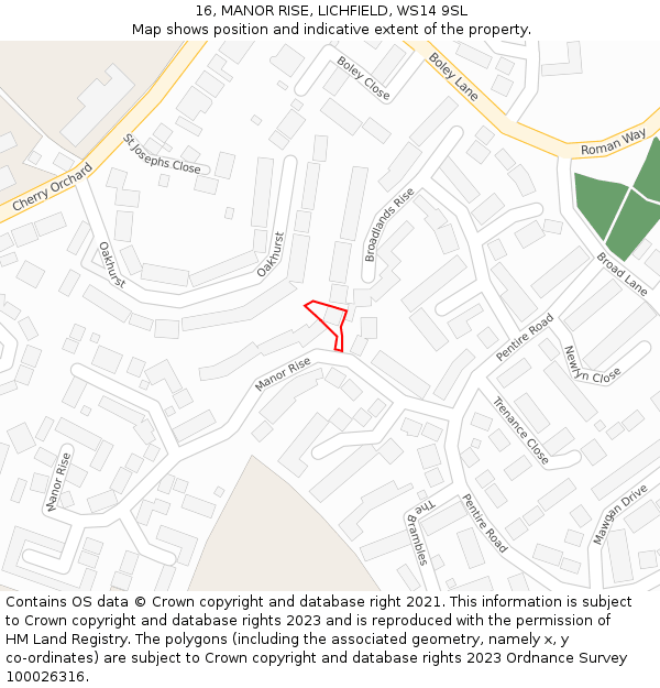 16, MANOR RISE, LICHFIELD, WS14 9SL: Location map and indicative extent of plot