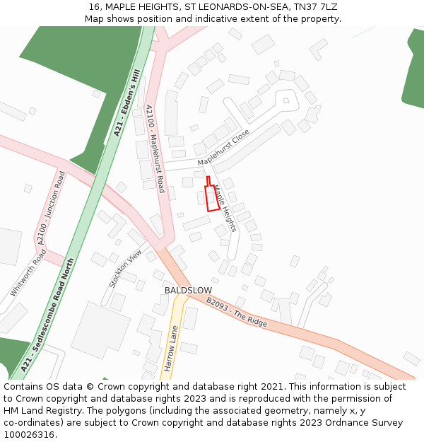 16, MAPLE HEIGHTS, ST LEONARDS-ON-SEA, TN37 7LZ: Location map and indicative extent of plot