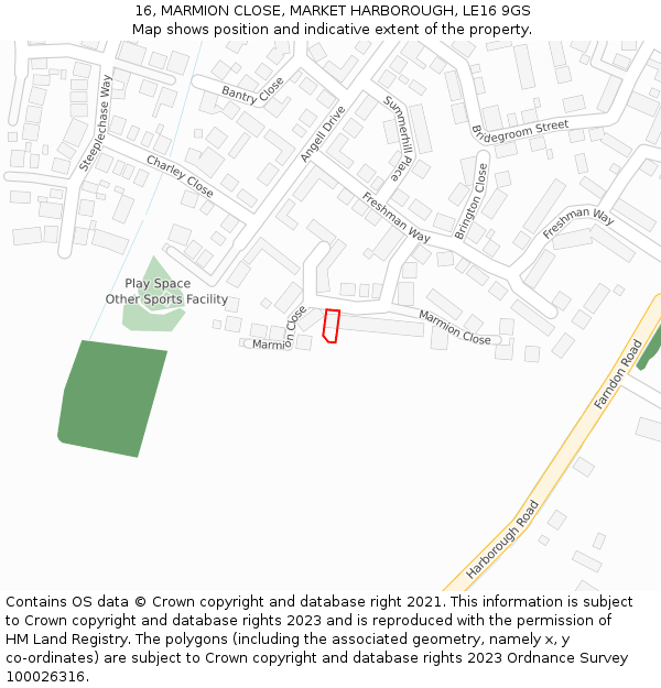 16, MARMION CLOSE, MARKET HARBOROUGH, LE16 9GS: Location map and indicative extent of plot