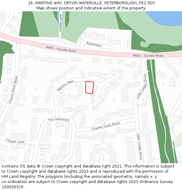 16, MARTINS WAY, ORTON WATERVILLE, PETERBOROUGH, PE2 5DY: Location map and indicative extent of plot