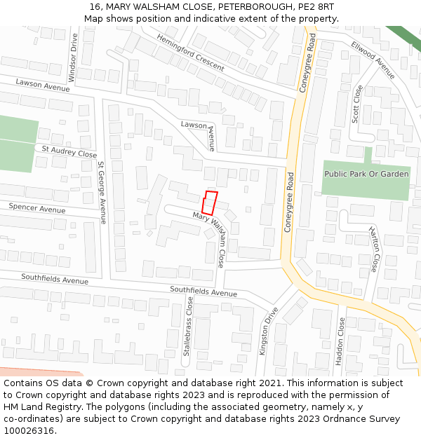 16, MARY WALSHAM CLOSE, PETERBOROUGH, PE2 8RT: Location map and indicative extent of plot
