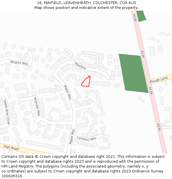 16, MAYFIELD, LEAVENHEATH, COLCHESTER, CO6 4US: Location map and indicative extent of plot