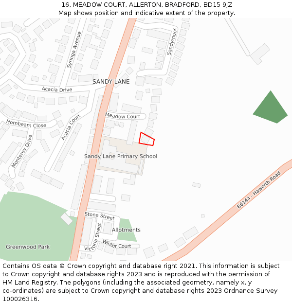 16, MEADOW COURT, ALLERTON, BRADFORD, BD15 9JZ: Location map and indicative extent of plot