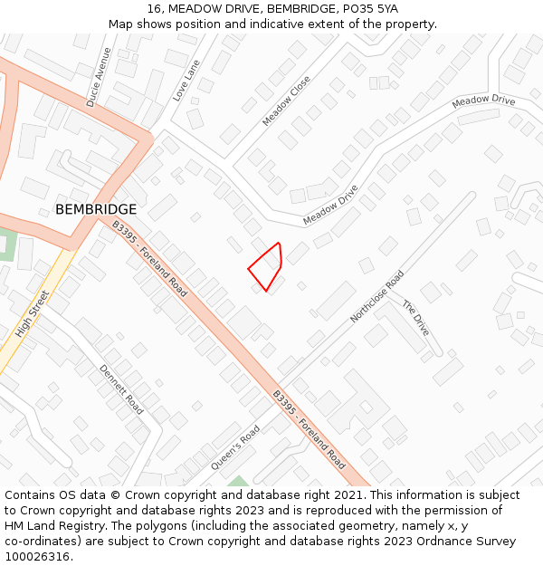 16, MEADOW DRIVE, BEMBRIDGE, PO35 5YA: Location map and indicative extent of plot