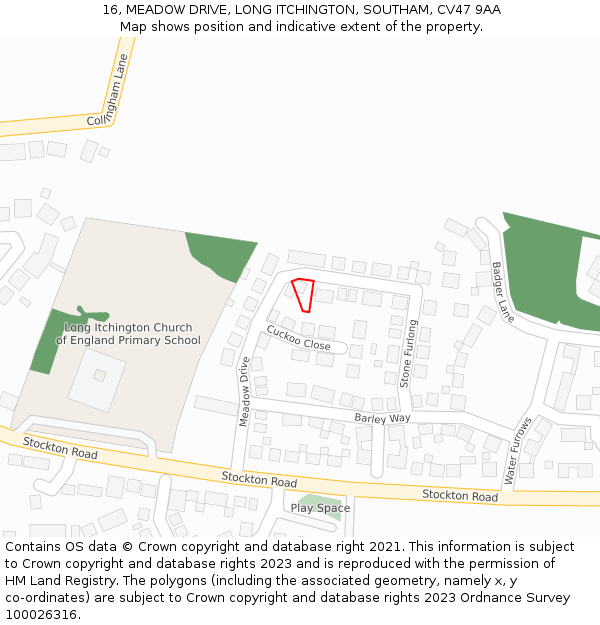16, MEADOW DRIVE, LONG ITCHINGTON, SOUTHAM, CV47 9AA: Location map and indicative extent of plot