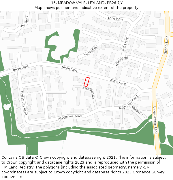 16, MEADOW VALE, LEYLAND, PR26 7JY: Location map and indicative extent of plot