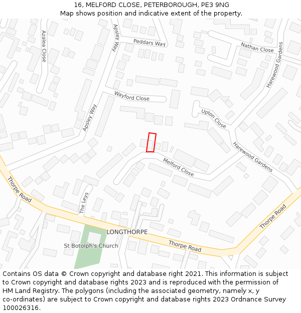 16, MELFORD CLOSE, PETERBOROUGH, PE3 9NG: Location map and indicative extent of plot