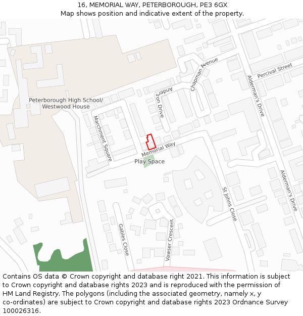 16, MEMORIAL WAY, PETERBOROUGH, PE3 6GX: Location map and indicative extent of plot