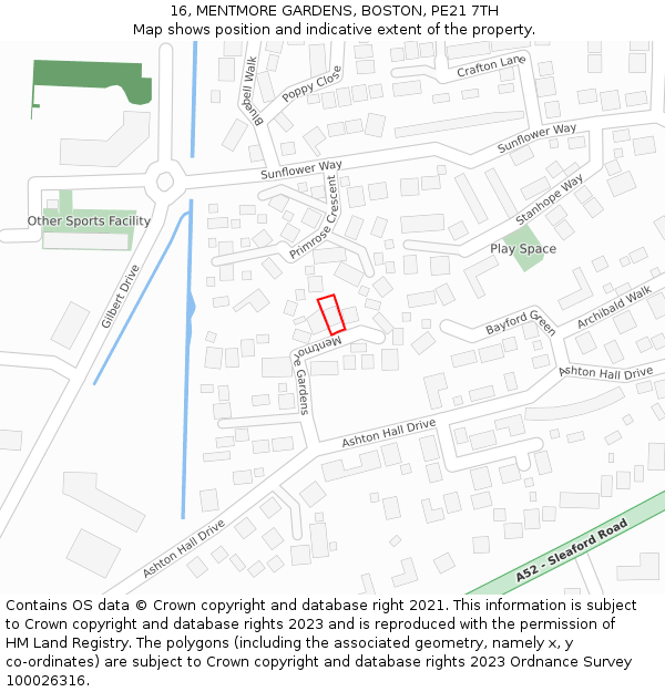 16, MENTMORE GARDENS, BOSTON, PE21 7TH: Location map and indicative extent of plot