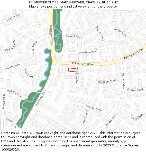 16, MERCER CLOSE, MAIDENBOWER, CRAWLEY, RH10 7HZ: Location map and indicative extent of plot