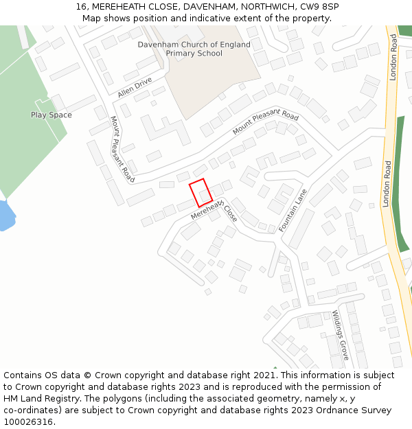 16, MEREHEATH CLOSE, DAVENHAM, NORTHWICH, CW9 8SP: Location map and indicative extent of plot