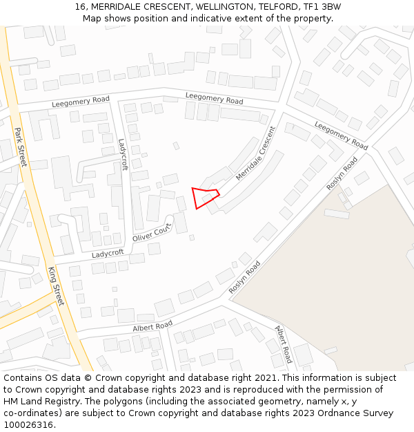 16, MERRIDALE CRESCENT, WELLINGTON, TELFORD, TF1 3BW: Location map and indicative extent of plot