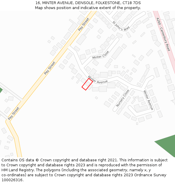 16, MINTER AVENUE, DENSOLE, FOLKESTONE, CT18 7DS: Location map and indicative extent of plot