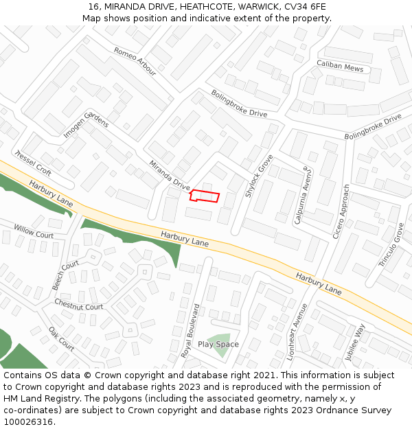 16, MIRANDA DRIVE, HEATHCOTE, WARWICK, CV34 6FE: Location map and indicative extent of plot