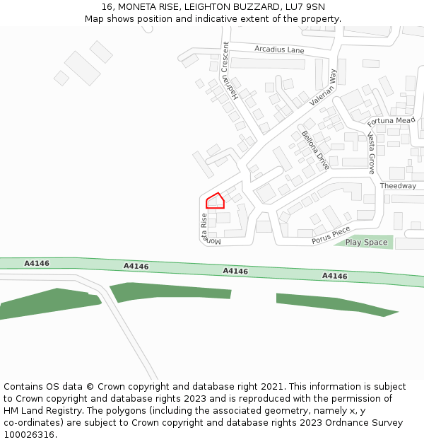16, MONETA RISE, LEIGHTON BUZZARD, LU7 9SN: Location map and indicative extent of plot