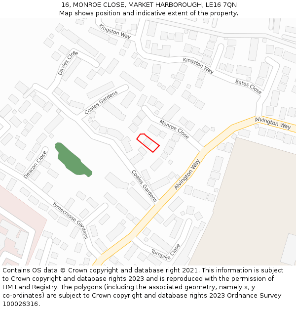 16, MONROE CLOSE, MARKET HARBOROUGH, LE16 7QN: Location map and indicative extent of plot