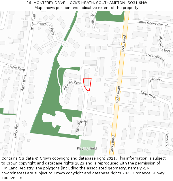 16, MONTEREY DRIVE, LOCKS HEATH, SOUTHAMPTON, SO31 6NW: Location map and indicative extent of plot