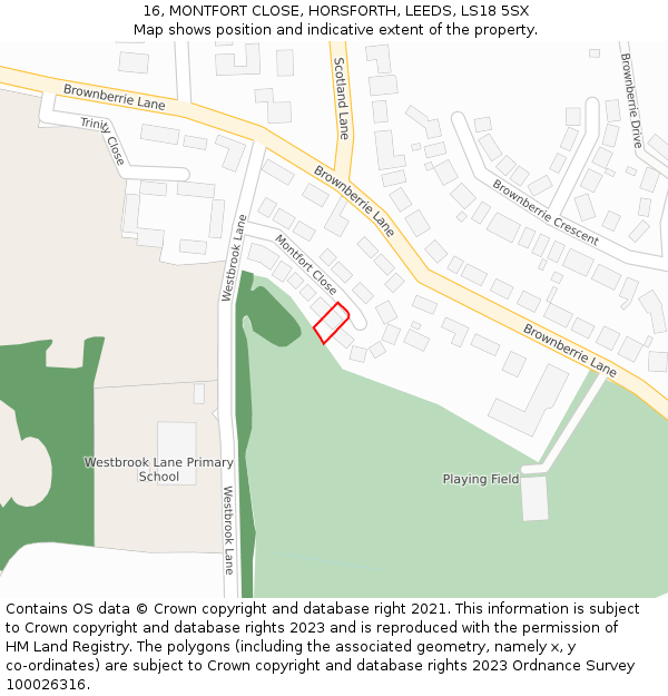 16, MONTFORT CLOSE, HORSFORTH, LEEDS, LS18 5SX: Location map and indicative extent of plot