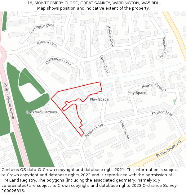 16, MONTGOMERY CLOSE, GREAT SANKEY, WARRINGTON, WA5 8DL: Location map and indicative extent of plot