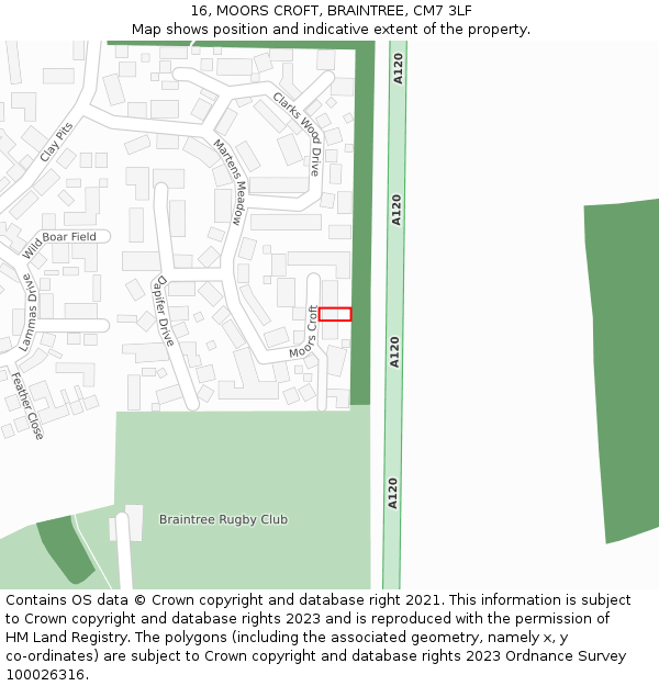 16, MOORS CROFT, BRAINTREE, CM7 3LF: Location map and indicative extent of plot