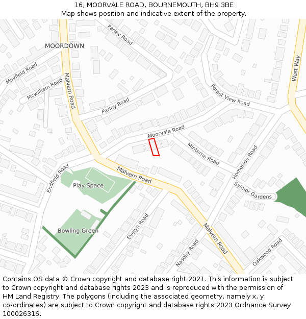 16, MOORVALE ROAD, BOURNEMOUTH, BH9 3BE: Location map and indicative extent of plot