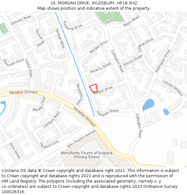 16, MORGAN DRIVE, AYLESBURY, HP18 0HZ: Location map and indicative extent of plot