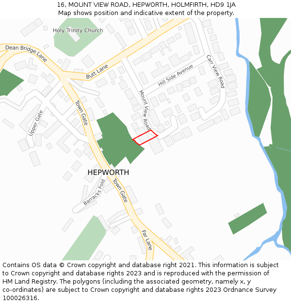 16, MOUNT VIEW ROAD, HEPWORTH, HOLMFIRTH, HD9 1JA: Location map and indicative extent of plot