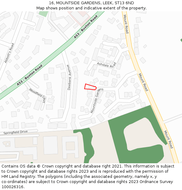 16, MOUNTSIDE GARDENS, LEEK, ST13 6ND: Location map and indicative extent of plot