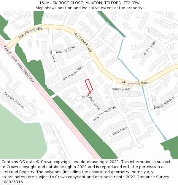 16, MUSK ROSE CLOSE, MUXTON, TELFORD, TF2 8RW: Location map and indicative extent of plot