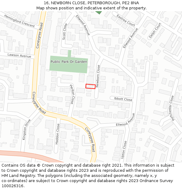 16, NEWBORN CLOSE, PETERBOROUGH, PE2 8NA: Location map and indicative extent of plot