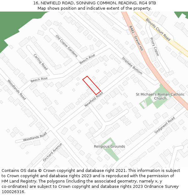 16, NEWFIELD ROAD, SONNING COMMON, READING, RG4 9TB: Location map and indicative extent of plot