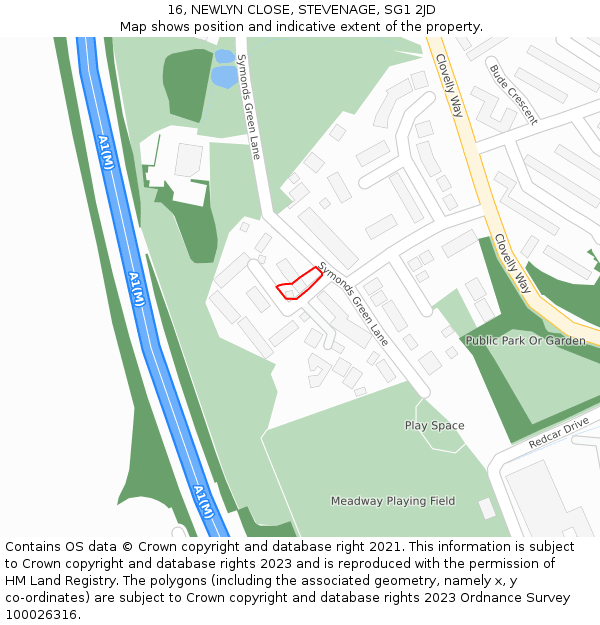 16, NEWLYN CLOSE, STEVENAGE, SG1 2JD: Location map and indicative extent of plot
