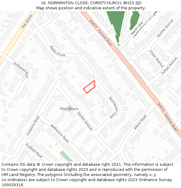 16, NORMANTON CLOSE, CHRISTCHURCH, BH23 2JD: Location map and indicative extent of plot