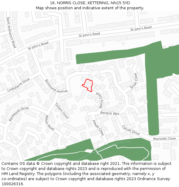 16, NORRIS CLOSE, KETTERING, NN15 5YD: Location map and indicative extent of plot