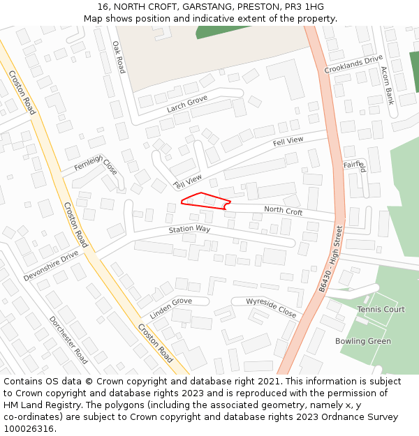 16, NORTH CROFT, GARSTANG, PRESTON, PR3 1HG: Location map and indicative extent of plot