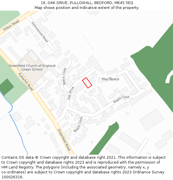16, OAK DRIVE, PULLOXHILL, BEDFORD, MK45 5EQ: Location map and indicative extent of plot