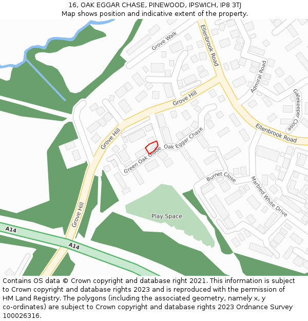 16, OAK EGGAR CHASE, PINEWOOD, IPSWICH, IP8 3TJ: Location map and indicative extent of plot