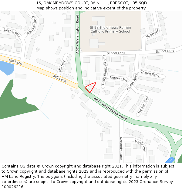 16, OAK MEADOWS COURT, RAINHILL, PRESCOT, L35 6QD: Location map and indicative extent of plot