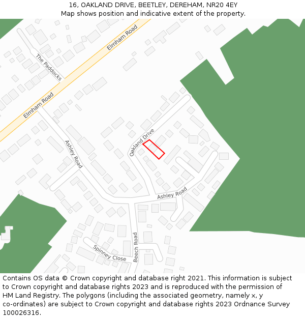 16, OAKLAND DRIVE, BEETLEY, DEREHAM, NR20 4EY: Location map and indicative extent of plot