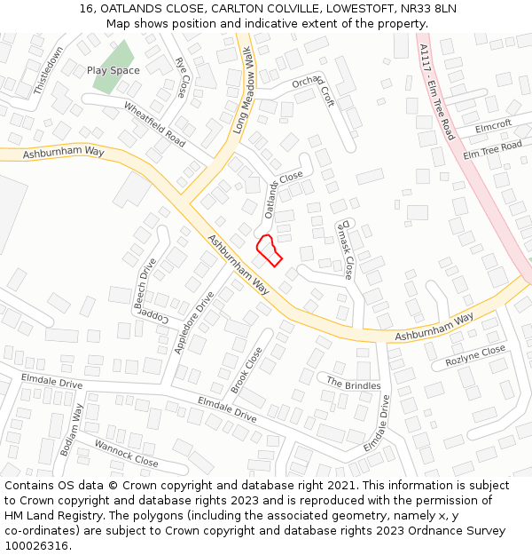 16, OATLANDS CLOSE, CARLTON COLVILLE, LOWESTOFT, NR33 8LN: Location map and indicative extent of plot